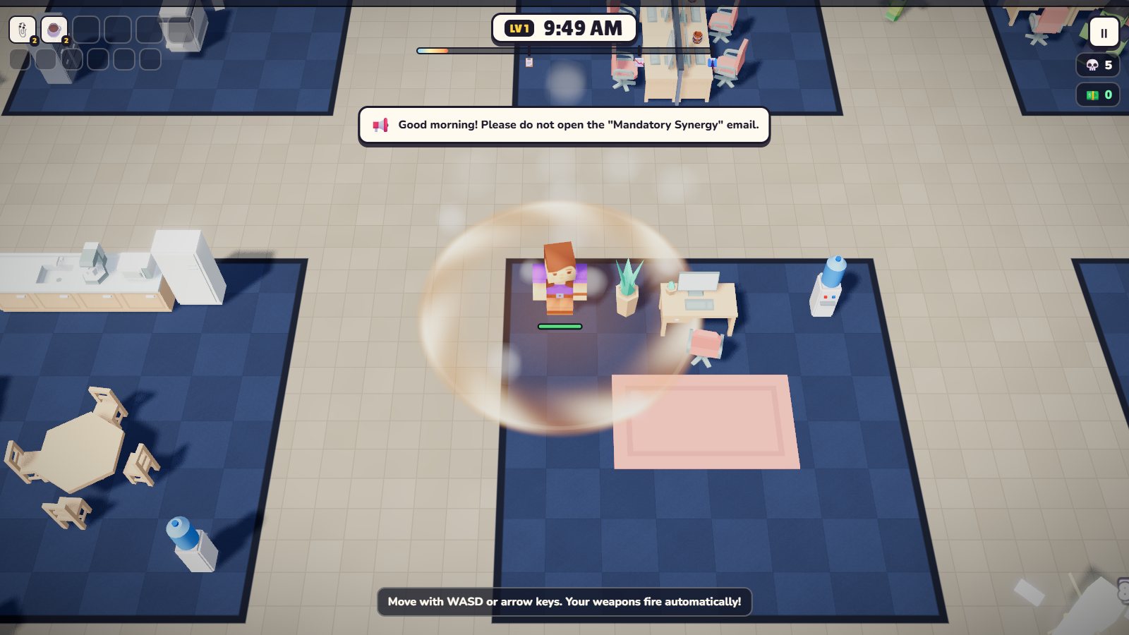 Morning in the open-plan office: the player at their desk as the first Workaholics shuffle in